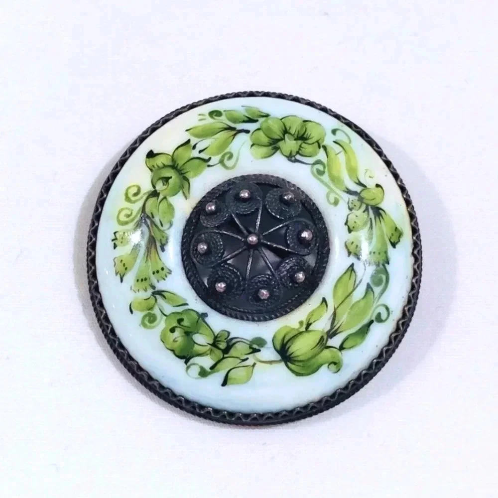Antique Brooch Porcelain Green Botanical Garland Silver Metalwork